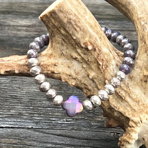 Purple Clover Bead on Czech Glass Beaded Bracelet