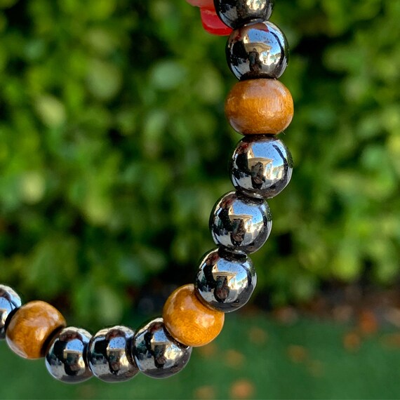 Bracelet Perles Hématite & Bois Fait Main – Taille Sur Mesure Homme/femme