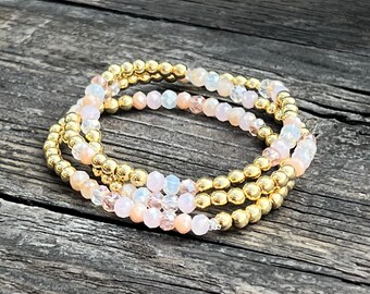 Peach and Pinks Glass Beaded Bracelet Stack Set with Gold Plated Beads