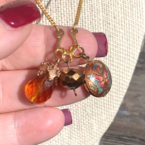 14K Gold Plated Horseshoe Charm Necklace: Vintage Butterfly Cloisonne Pendant