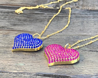 Blue and Magenta Pink Rhinestone Heart Necklace, 24k Gold