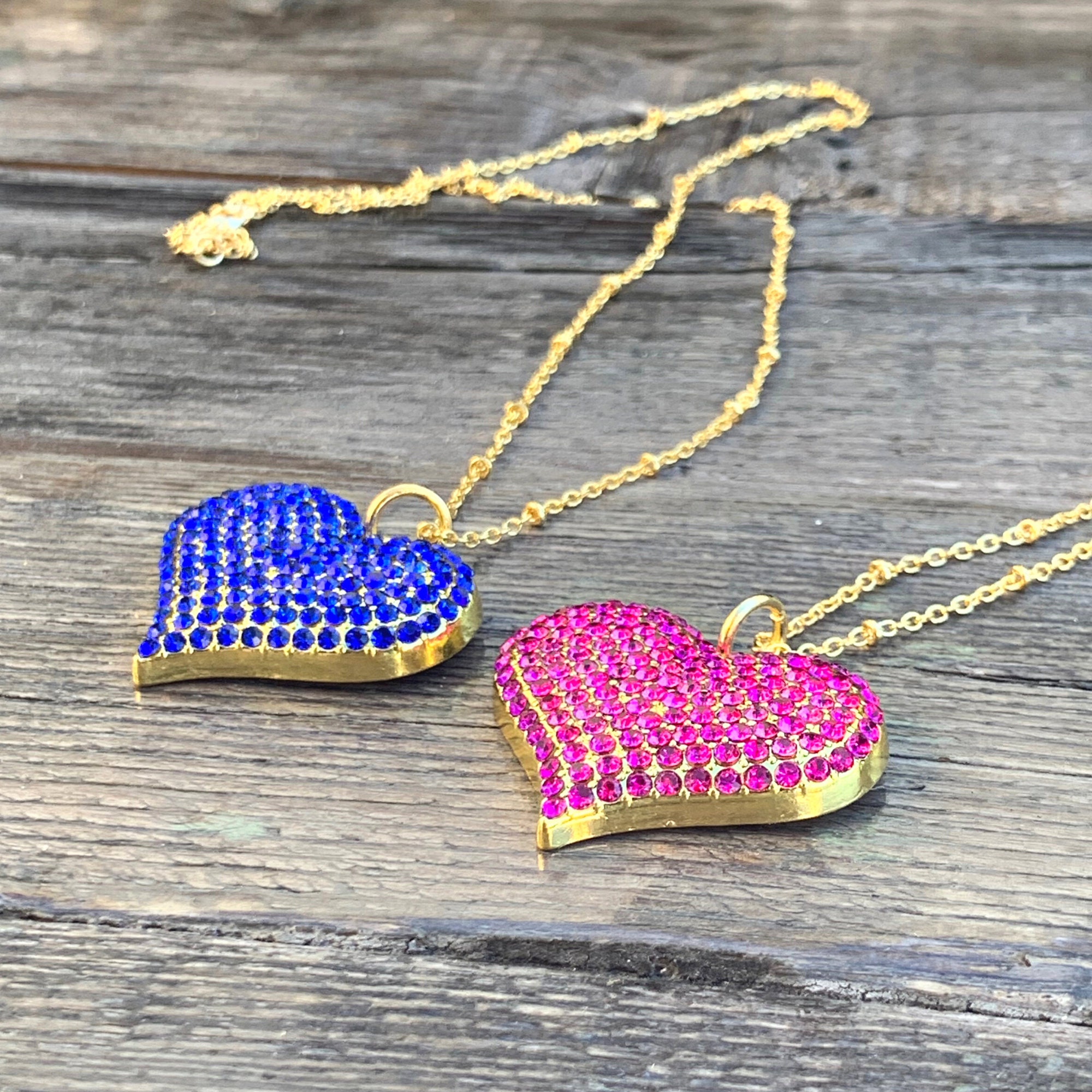 Blue and Magenta Pink Rhinestone Heart Necklace, 24k Gold