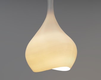 May include: A white, teardrop-shaped pendant light fixture with a smooth, slightly textured surface.