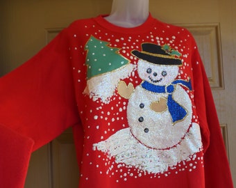 Vintage 1990 red Christmas snowman sweatshirt sweater 90s 1990s XL Extra Large glitter