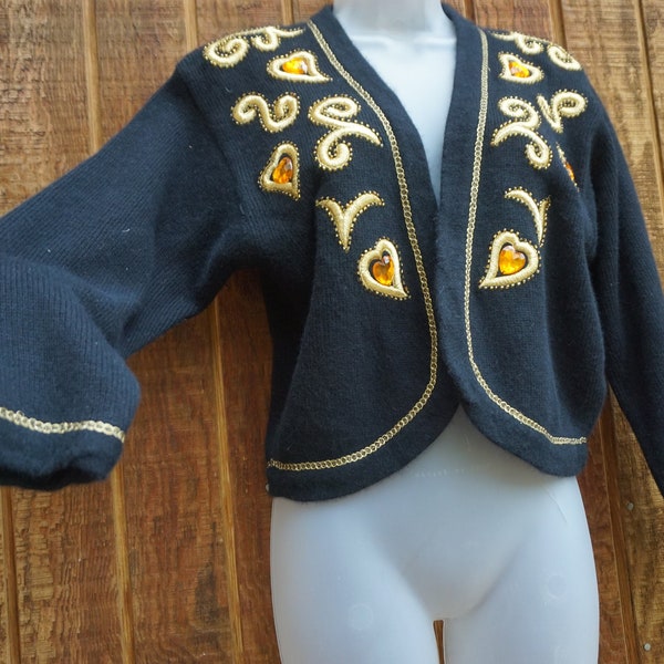 Vintage 90s knit jeweled short cropped jacket black with gold embroidery medium with shoulder pads