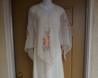 Vintage 1970s floral embroidery goddess dress small S 70s flattering sheer sleeves caplet romantic pastel