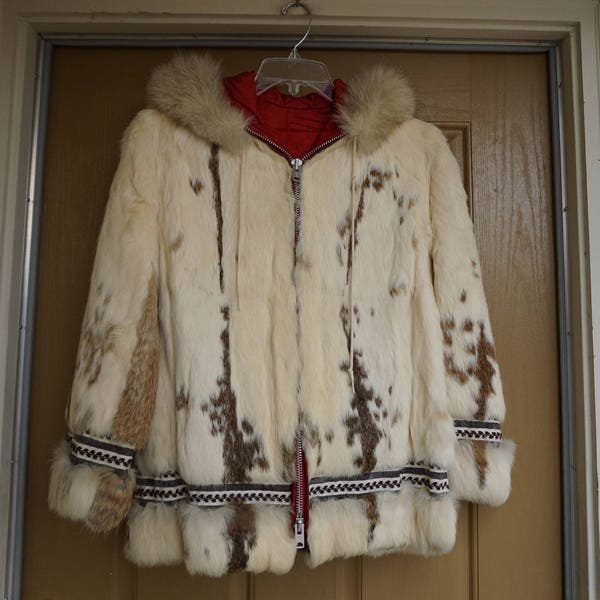 RARE eskimo 1960s Fur Coat Jacket // Hippie Clothes // Boho Bohemian Clothing Alpine Trim Hooded Fur Coat MEDIUM LARGE Alaska Alaskan parka