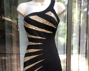 bebe black and gold sequined mini dress size medium one shoulder tight