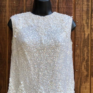 Vintage 1950s 1960s sleeveless sequined shirt tank top size 34 small off-white cream ivory wool