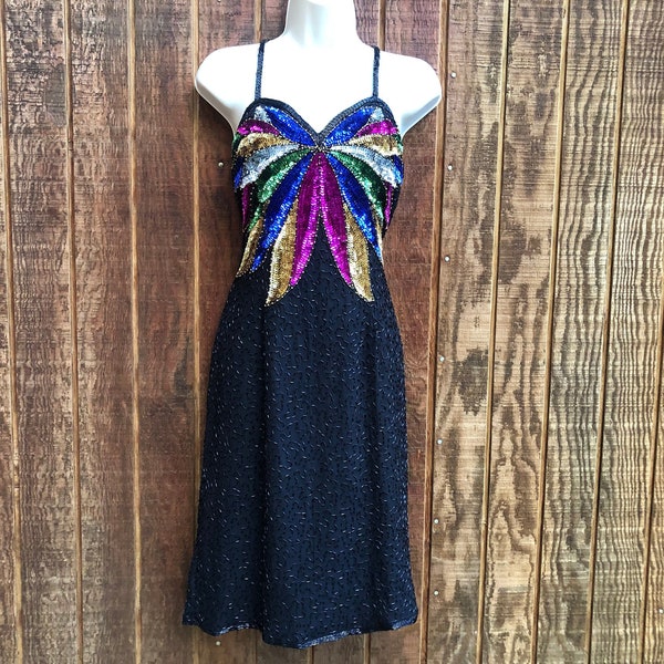 Vintage size XL beaded sequin party dress by Jasmine women's clothing 1980s or 90s beaded sparkly sleeveless large