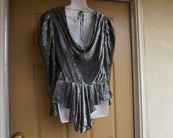 Silver metallic drape 80s shirt draped slouchy long sleeve 1980s disco clothing oversize by Doo Dads size medium high low