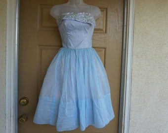 Vintage 1950s dress with back metal zipper 50s size small blue with sheer overlay