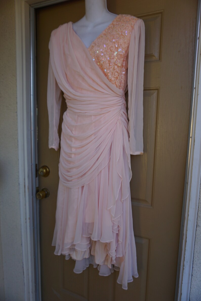 Tadashi 80s ruched chiffon sheer sequined black dress with shoulder pads size 12 L Large