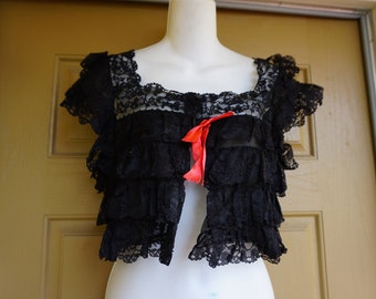 Vintage 50s 1950s lace black ruffles layers lingerie top size 32 made by Mary Barron made in USA 100% nylon open front