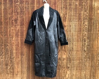 Vintage leather jacket trench coat Medium 90s 1990s long G3