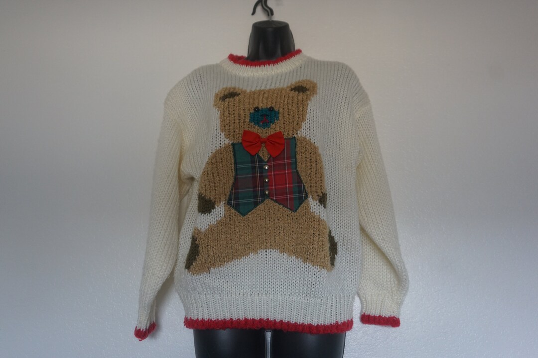 Vintage Hand Knit Teddy Bear Heavy Knit Sweater Size Medium Cute Warm ...