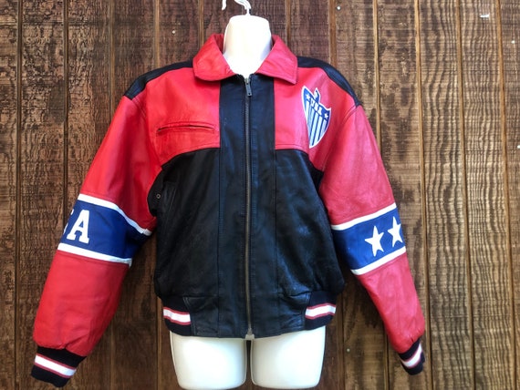 Black Leather Jacket MENS Size Small 90s American Flag USA by 