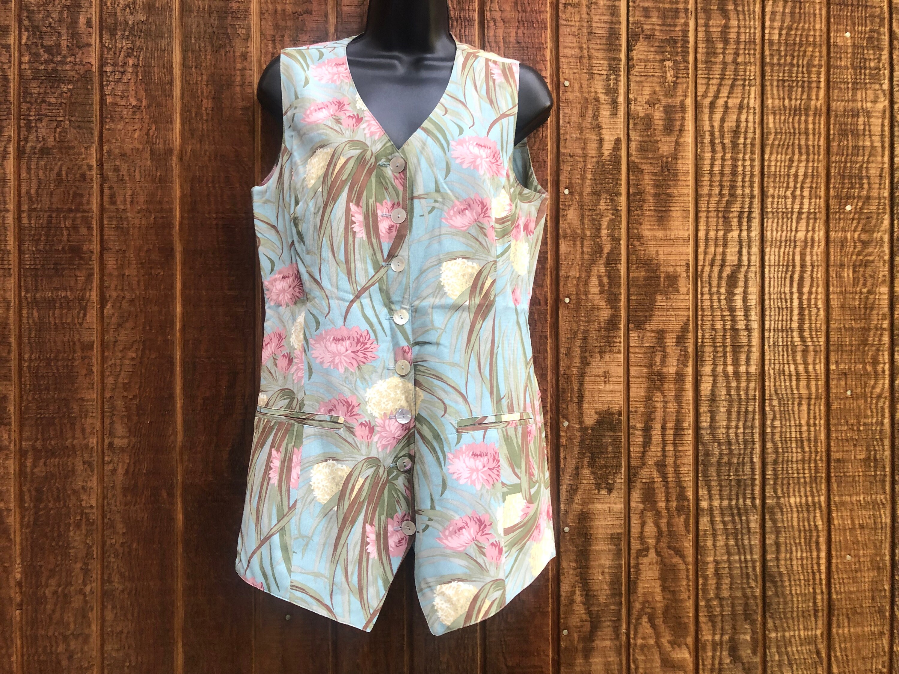 トップス Karen Kane flower pattern rayon shirt Vintage Karen Kane Orange Green Tropical Floral Flower Print