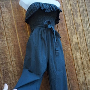 Vintage 80s strapless black romper by Jody labeled as a size 5/6 fits like small 1980s jumpsuit
