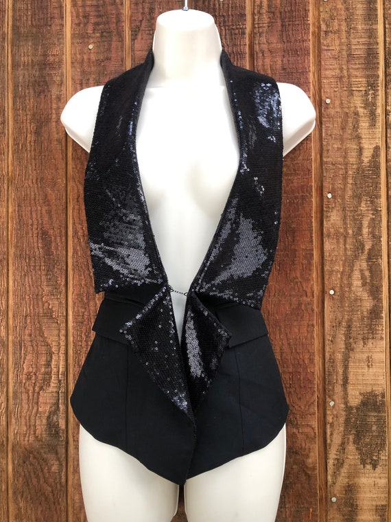 Cache XS black sequined vest shirt 90s 1990s care… - image 2