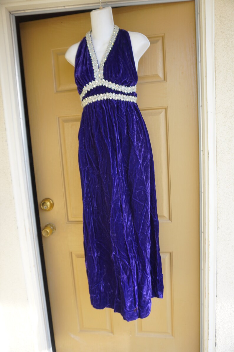 70s velvet PURPLE not blue maxi dress XS 1970s