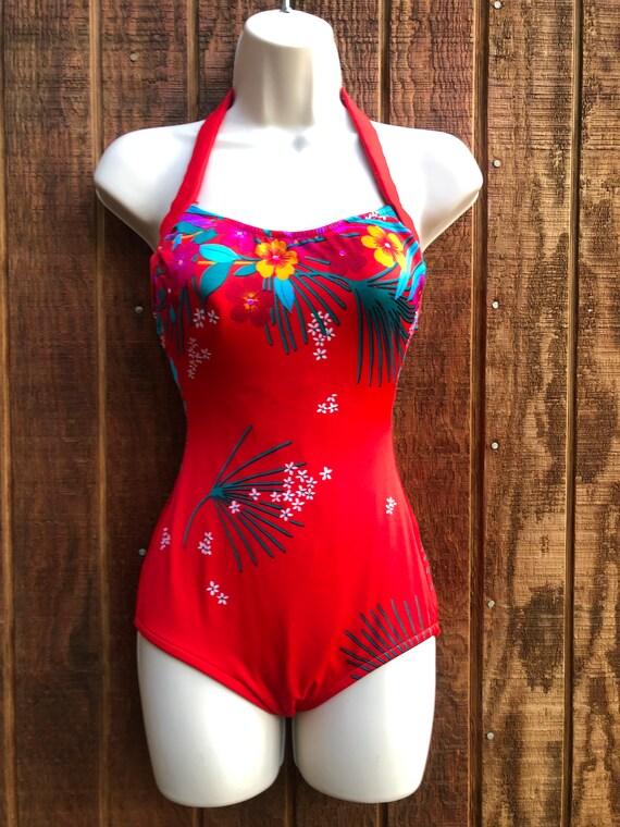 Swim suit floral Size 12 medium one piece halter … - image 2