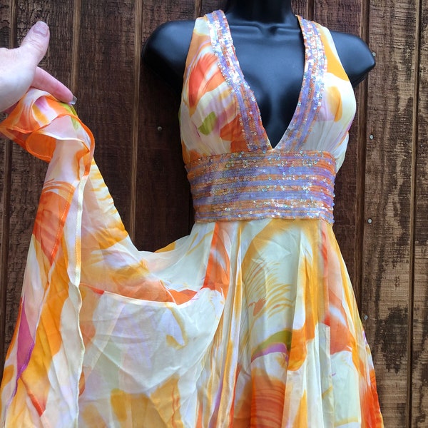 Designer Basix 2 size 8 silk chiffon colorful dress with sequins