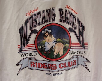 1990's, Mustang Ranch t-shirt, 1993, Men size Medium, Official member world famous riders club Reno Nevada souvenir  shirt top mens womens