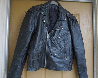 DAMAGED Vintage Black Leather Motorcycle / Biker Jacket MENS Size 40 Medium 1980s 1990s 80s 90s distressed