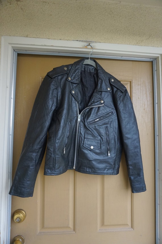 DAMAGED Vintage Black Leather Motorcycle / Biker … - image 1