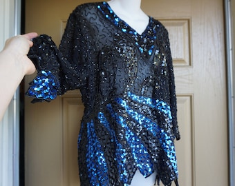 Blusa vintage de seda con lentejuelas y cuentas azules y negras transparentes, talla L, años 80 y 90, años 1980 y 1990, brillante.
