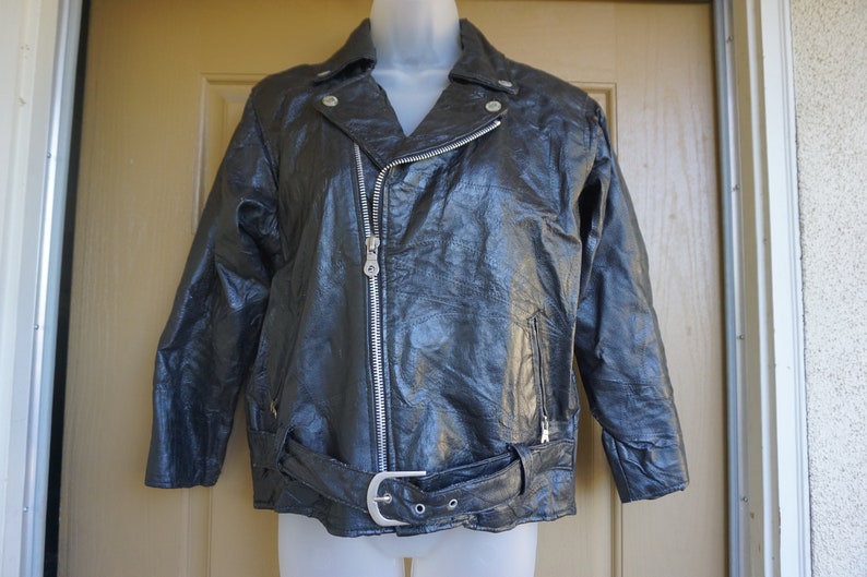 Vintage 90s black patchwork leather jacket short cropped riding motorcycle biker black image 3