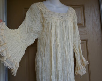 Gauzy Vintage white dress ethnic mexican made in mexico crochet sheer one size S Small M Medium L Large