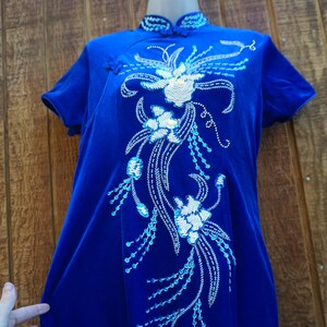 XL Asian inspired dress size XL extra large blue velvet cheongsam dress with white sequins image 8