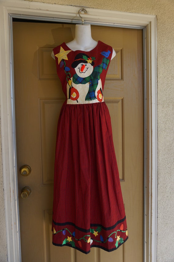 Christmas dress red and black plaid with snowman … - image 3