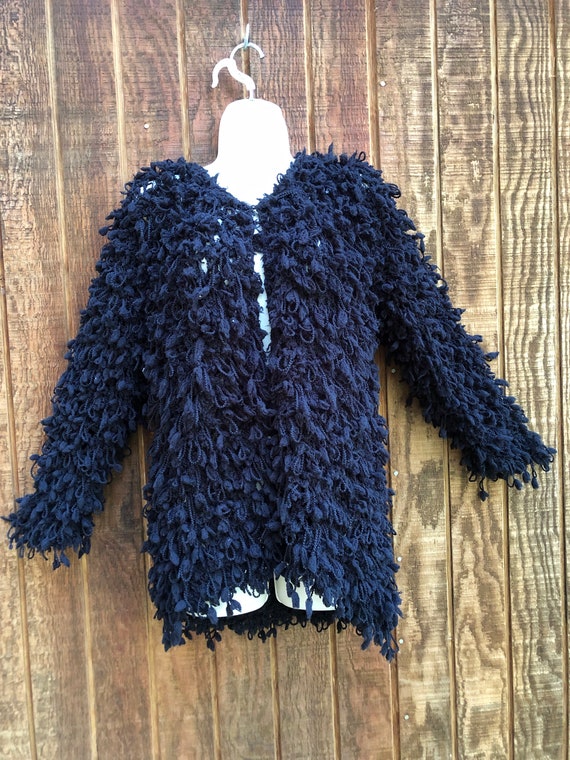 Shaggy shag black fringe yarn sweater jacket chun… - image 1