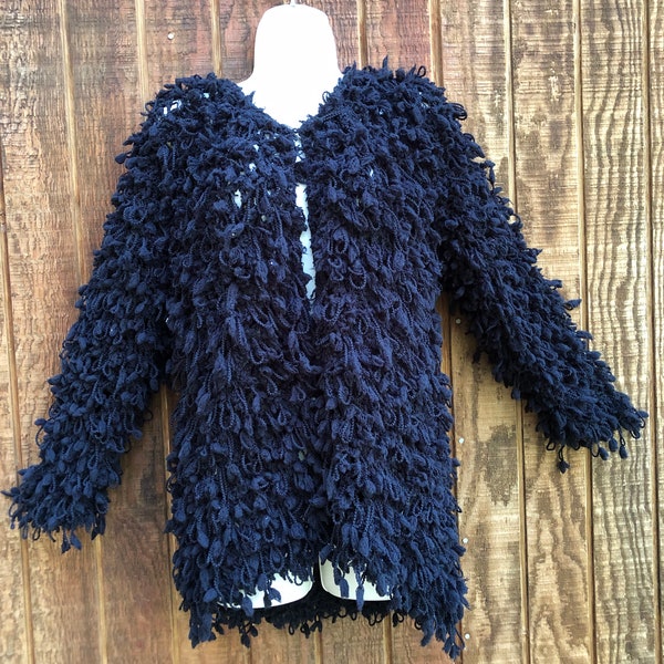 Shaggy shag black fringe yarn sweater jacket chunky jacket thick heavy chubby retro shaggy carpet unique fun