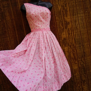 Vintage 1950s pink and white gingham dress mid century with side metal zipper size small rockabilly pin up