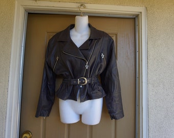 Cropped 80s/90s dark brown almost black leather jacket womens size S Small short cropped motorcycle leather 1980s