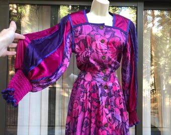 Vintage 1980s Jeanne Marc Designer Dress Long Sleeve Novelty