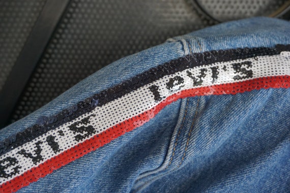 Sequined BIG E levis denim jean jacket size Large - image 3