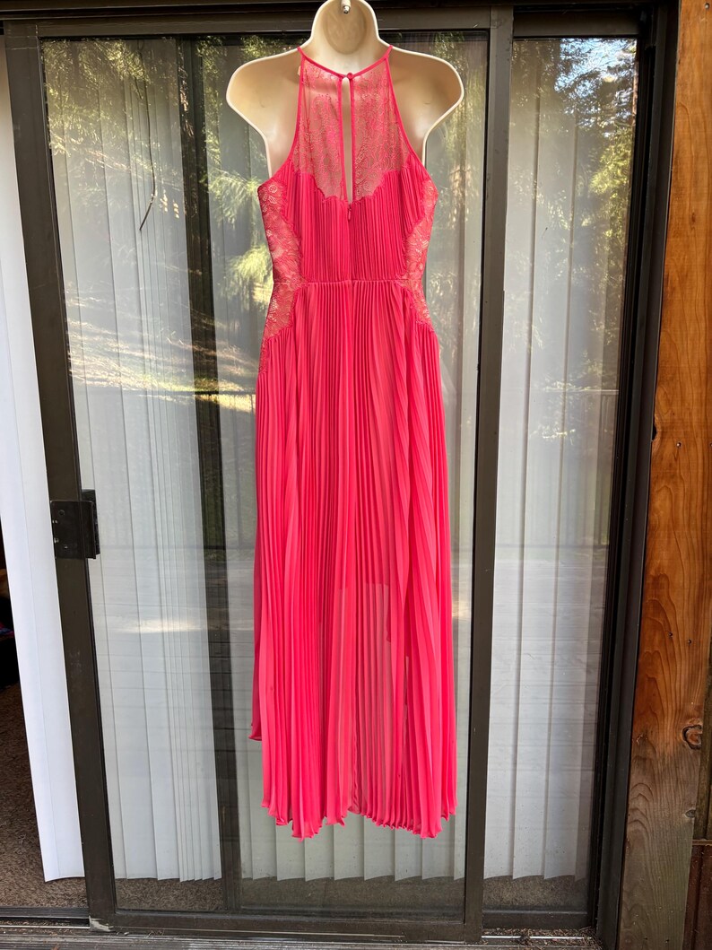 Puede incluir: Un vestido plisado rosa brillante con cuello halter y detalles de encaje. El vestido, exhibido en un maniqu&iacute;, presenta un dise&ntilde;o fluido y largo hasta el suelo. El vestido es de un tono rosa vibrante.