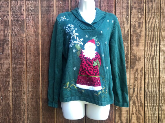 Christmas knit sweater green with Santa size smal… - image 4