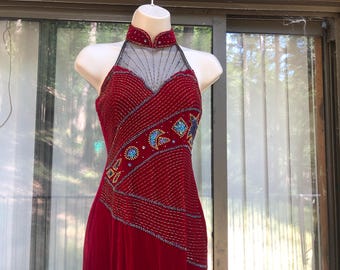 Vintage 90s Y2K Red Beaded Alyce Designs Halter Prom Dress Size Medium -  Etsy