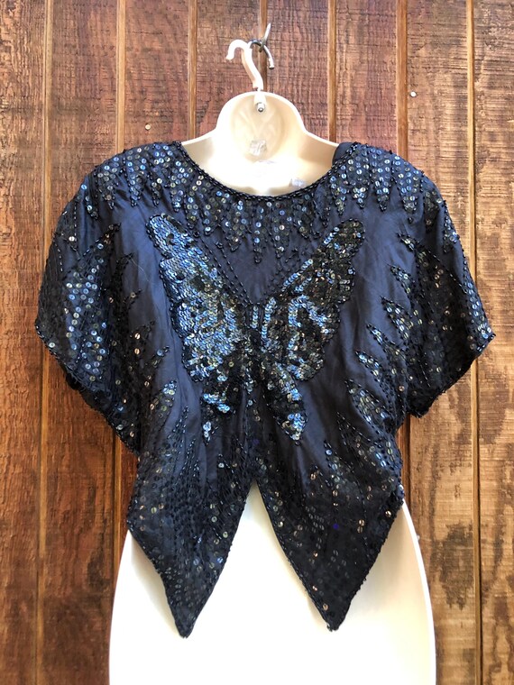 Vintage 1990s sequined solid black butterfly top … - image 5