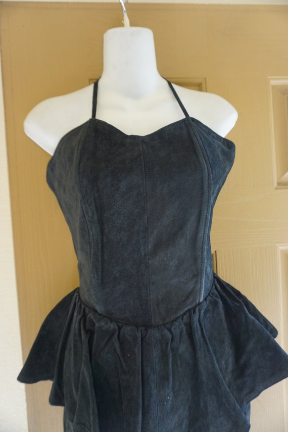 Suede leather vintage size small black dress halt… - image 4