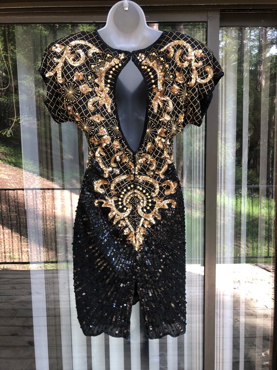 Damaged sequined sparkly gold and black dress par… - image 4