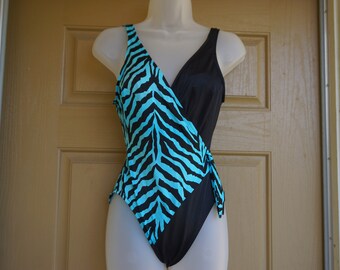 Blue and black bathing suit swim size 12 medium one piece cut out side detail swimsuit swimwear 90s 1990s