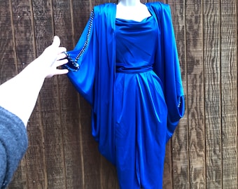 Fredericks of hollywood 2 piece set blue dress and dolman sleeve cocoon jacket size estimated 6 / 7 medium 80s formal party dress