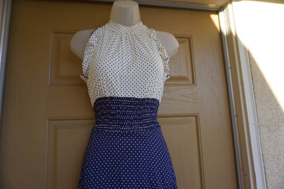 Vintage 1970s navy blue with white polkadot prair… - image 3